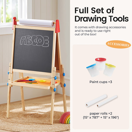 Tiny Land® Wooden Kids Drawing Easel – Double-Sided Chalkboard & Whiteboard with Paper Roll