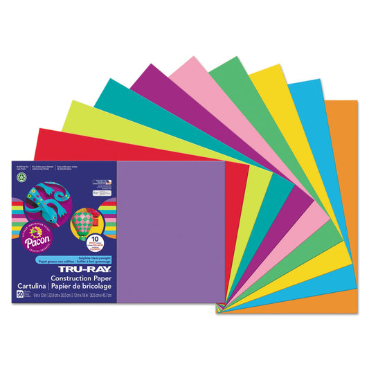 Pacon Tru-Ray Construction Paper – Assorted Bright Colors – 50 Sheets Heavyweight 76 lb Craft Paper 9"x12" for School & Creative Projects