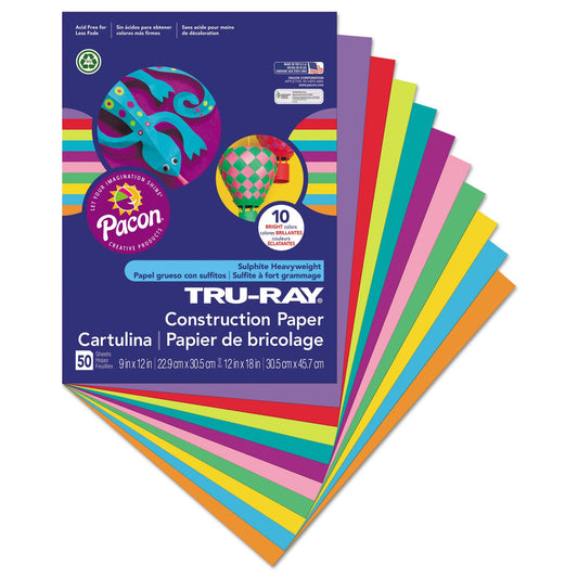 Pacon Tru-Ray Construction Paper – Assorted Bright Colors – 50 Sheets Heavyweight 76 lb Craft Paper 9"x12" for School & Creative Projects