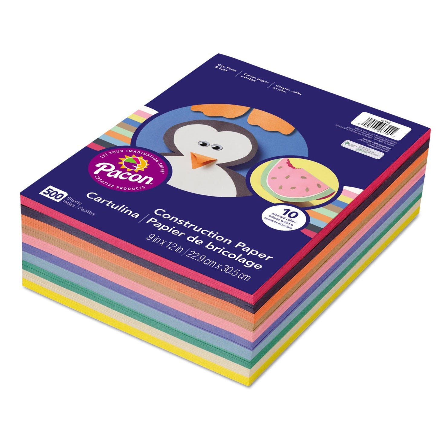 Pacon Rainbow Super Value Construction Paper Ream – Assorted Colors – Regular 45 lb Weight 9" x 12" Craft Paper for Classroom & Creative Use