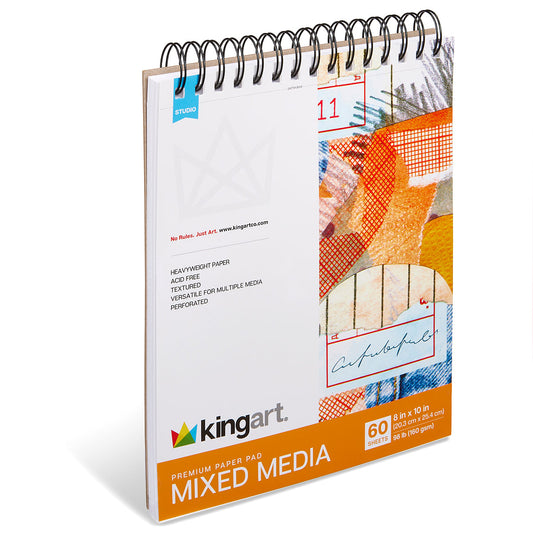 Kingart Mixed Media Art Pad, 8” x 10”, 60 Sheets, 98 lb (160 gsm), Spiral-Bound