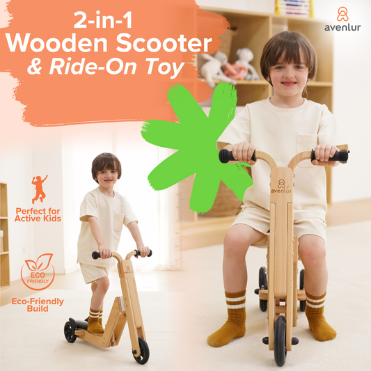 Avenlur Juneberry 2-in-1 Convertible Scooter and Ride-On Bike – Wooden Toddler Balance Toy for Ages 2–5