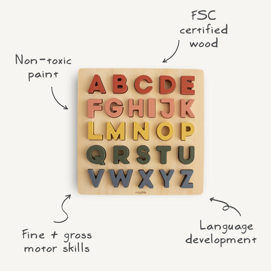 Mushie Wooden Alphabet Puzzle – FSC-Certified ABC Learning & Fine Motor Skills Toy