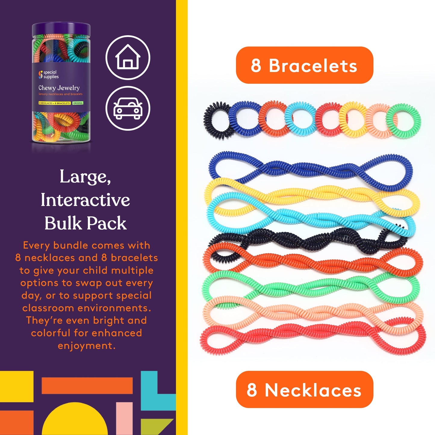 Special Supplies Chewable Sensory Necklace & Bracelet Set (16-Pack) – Safe Oral Fidget Jewelry for Kids with Autism, ADHD, and Anxiety