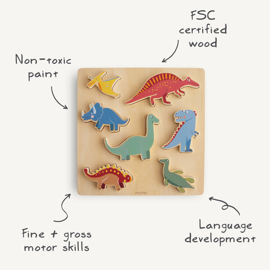 Mushie Wooden Dinosaur Puzzle – FSC-Certified Prehistoric Learning Puzzle for Toddlers