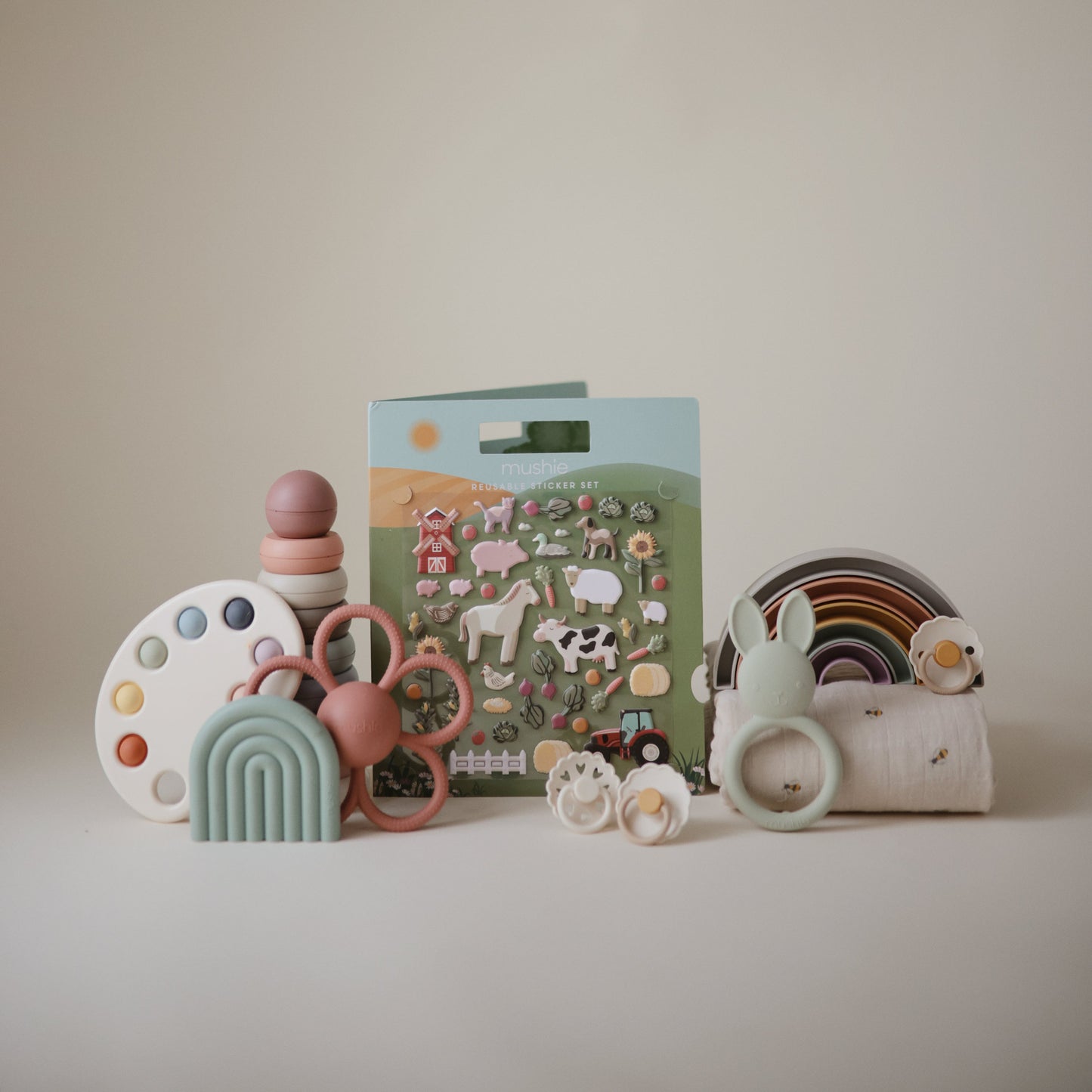 Mushie Reusable Puffy Sticker Book – Farm Friends Play Scene