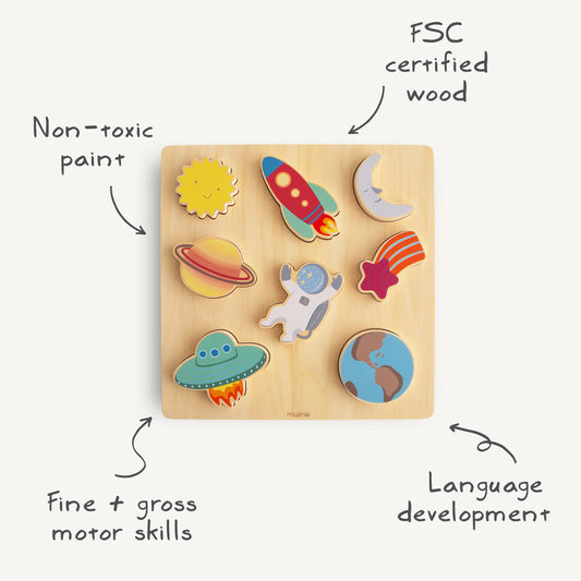 Mushie Wooden Space Puzzle – FSC-Certified Solar System Learning Puzzle for Toddlers