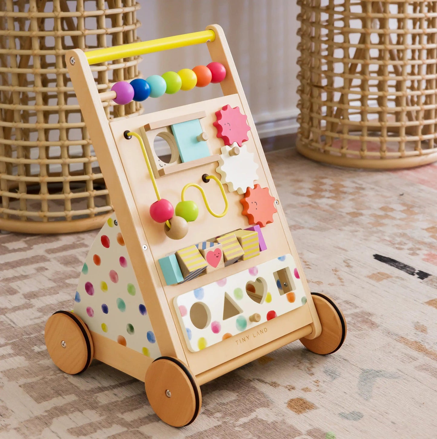 Tiny Land® Premium Rainbow Wooden Baby Walker – Adjustable Push Toy for First Steps & Learning Play
