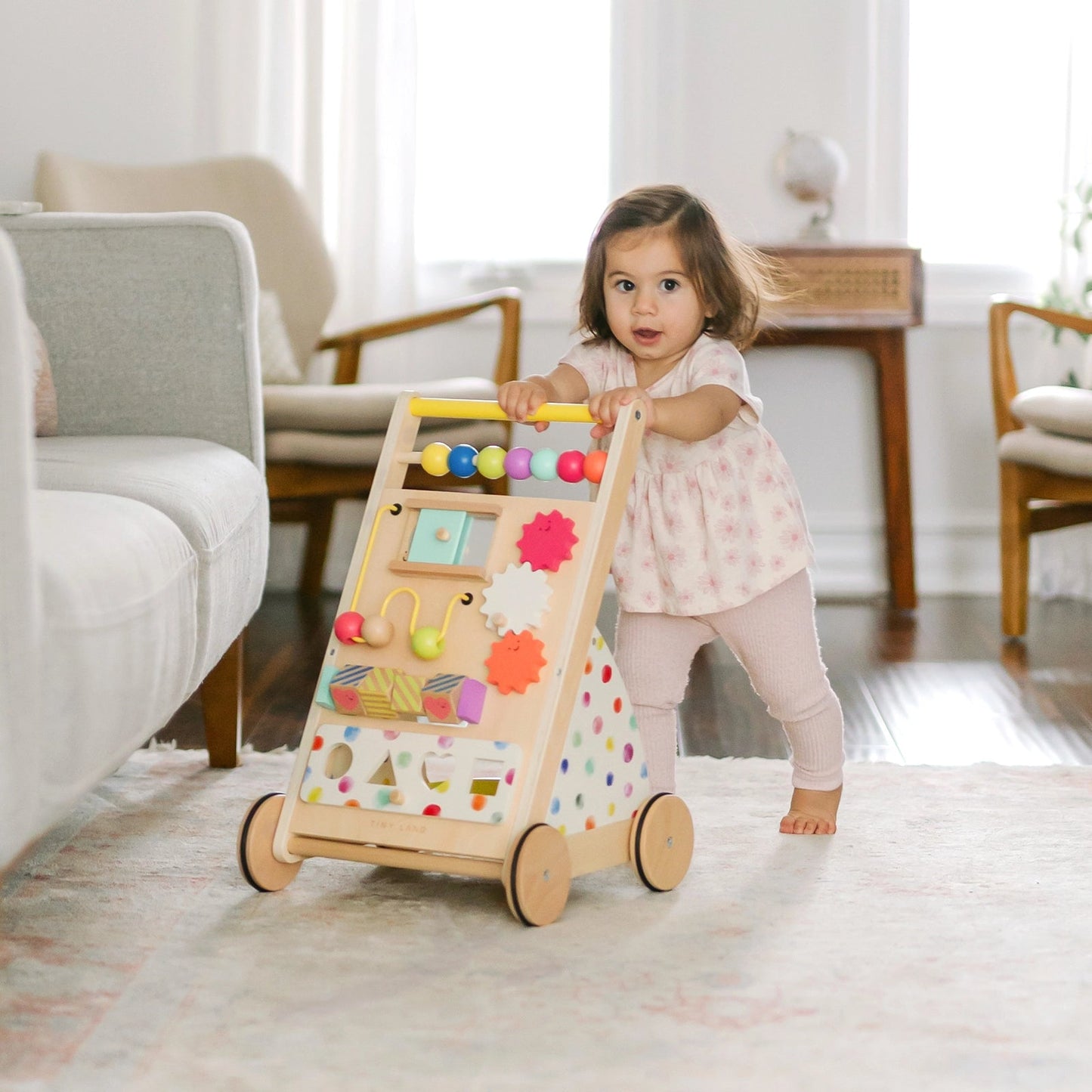 Tiny Land® Premium Rainbow Wooden Baby Walker – Adjustable Push Toy for First Steps & Learning Play