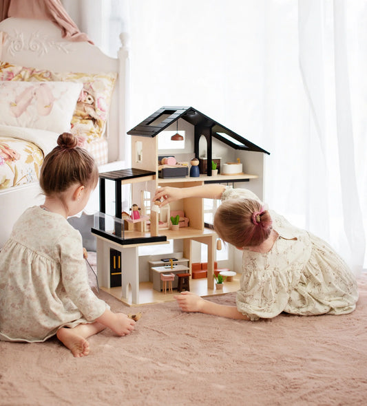 Tiny Land® Sweetwood Edge Modern Family Wooden Dollhouse – Contemporary Design with Furniture & Figures