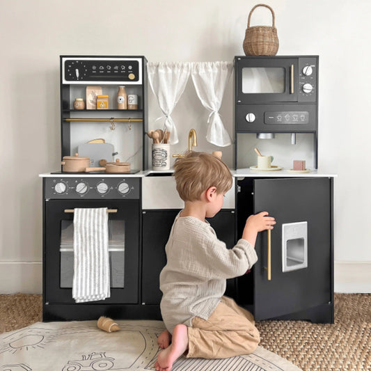Tiny Land® Deluxe Black Play Kitchen – Wooden Pretend Cooking Set with Faucet, Knobs & Storage