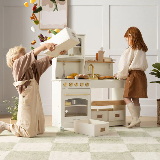 Tiny Land® Multifunctional Storage Play Kitchen in Creamy White – Pretend Cooking Set with Cupboards, Stove & Sink