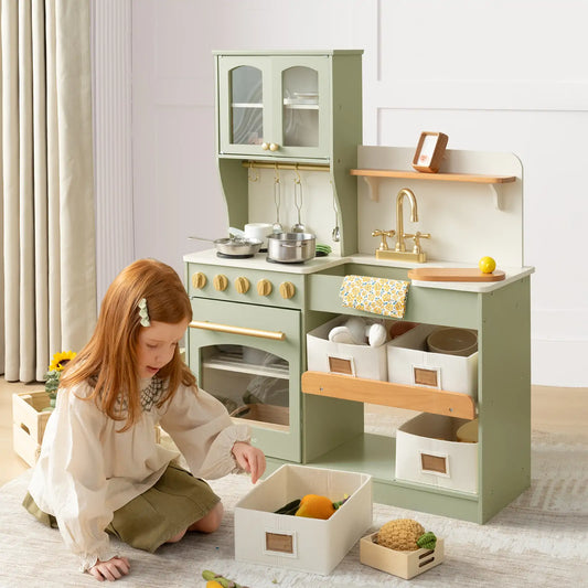 Tiny Land® Multifunctional Storage Play Kitchen in Sage Green – Pretend Cooking Set with Cupboards, Stove & Sink