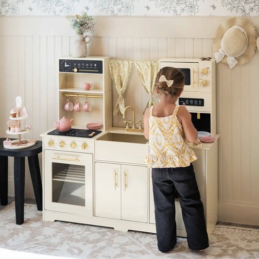 Tiny Land® Luxurious Cream-Colored Wooden Play Kitchen – Pretend Cooking Set with Oven, Microwave, Sink & Storage