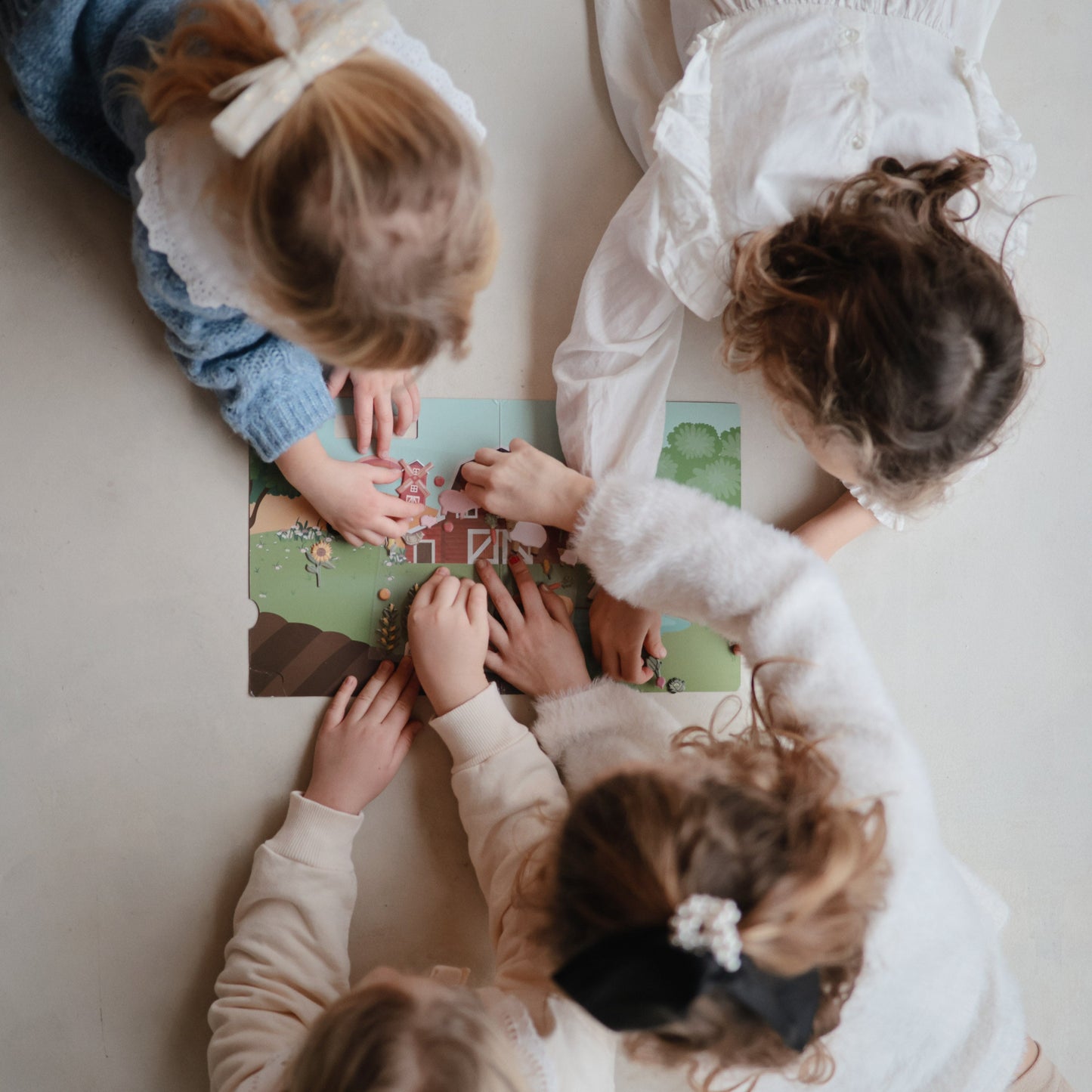 Mushie Reusable Puffy Sticker Book – Farm Friends Play Scene