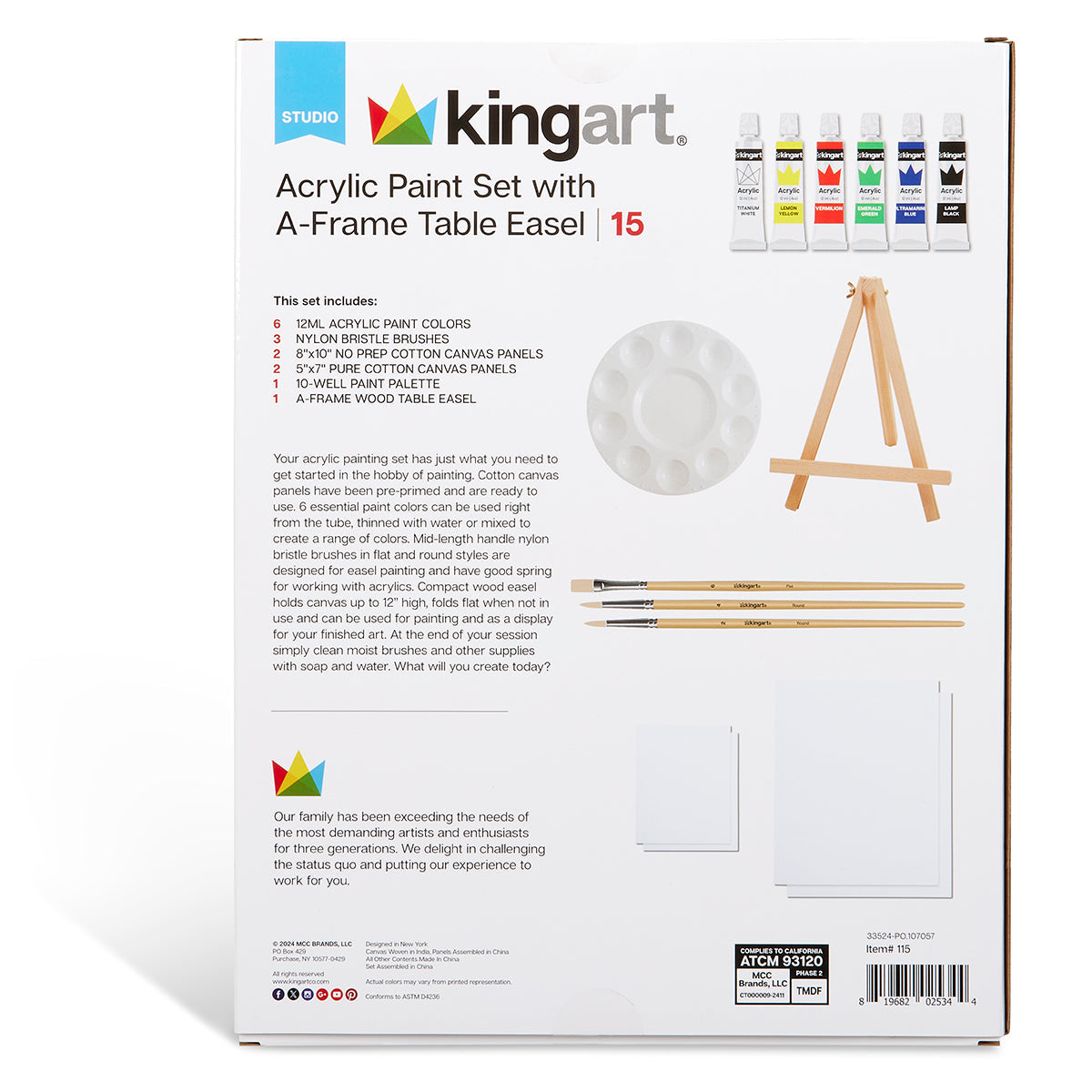 KINGART® Studio Acrylic Painting Set with Tabletop Easel – 15 Piece Set
