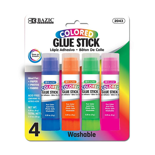 Bazic Washable Colored Glue Sticks 4-Pack – Non-Toxic, Acid-Free, Twist-Up Applicator for Kids’ Crafts and School Projects