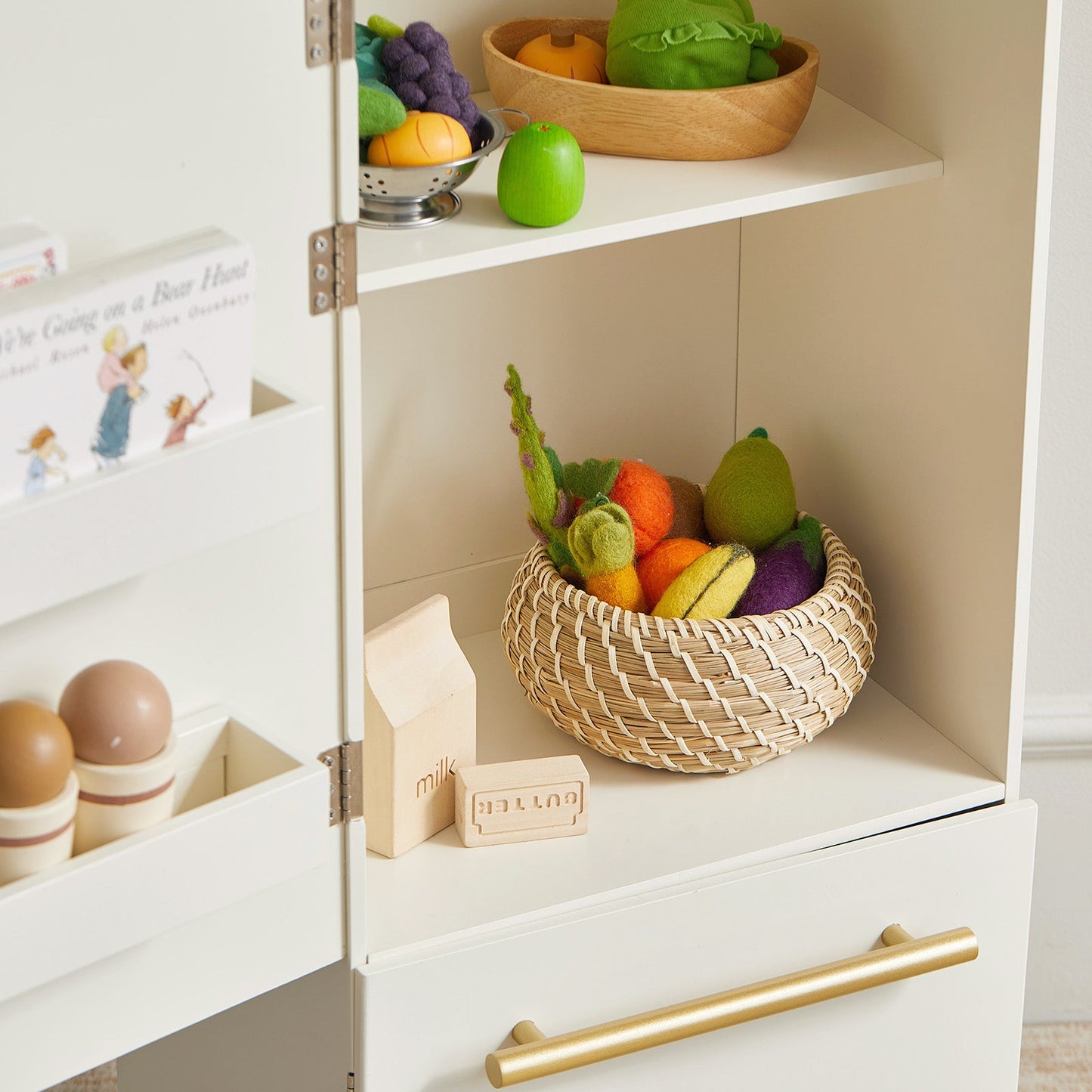 Tiny Land® Kids Wooden Play Fridge with Storage & Magnetic Play – Compatible with Toy Kitchen Sets