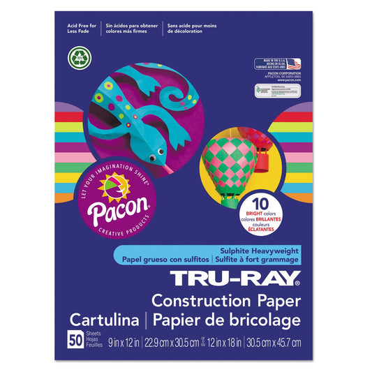 Pacon Tru-Ray Construction Paper – Assorted Bright Colors – 50 Sheets Heavyweight 76 lb Craft Paper 9"x12" for School & Creative Projects