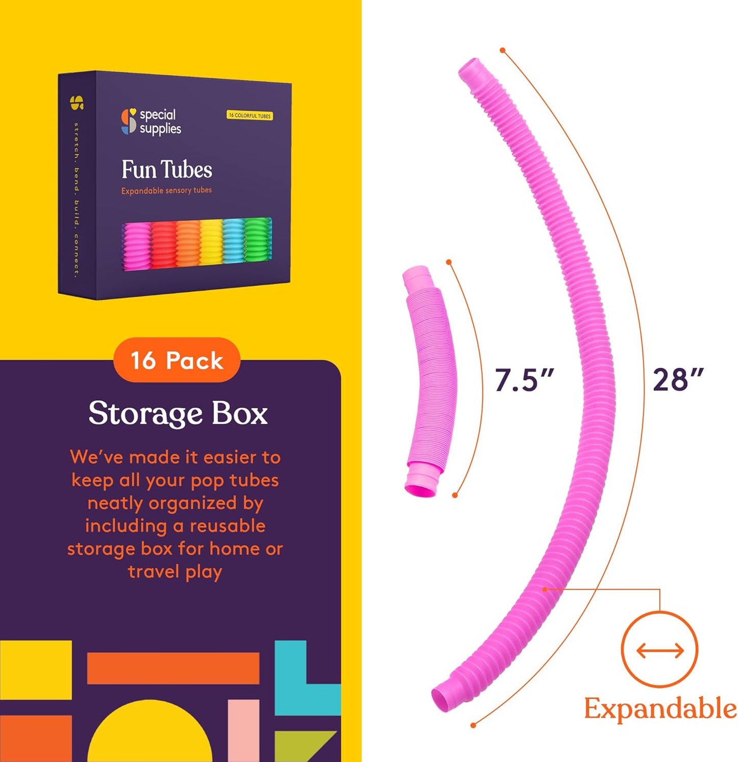 Special Supplies Pull Fun Tubes (16-Pack) – Stretch, Bend, and Connect Sensory Toys for Kids