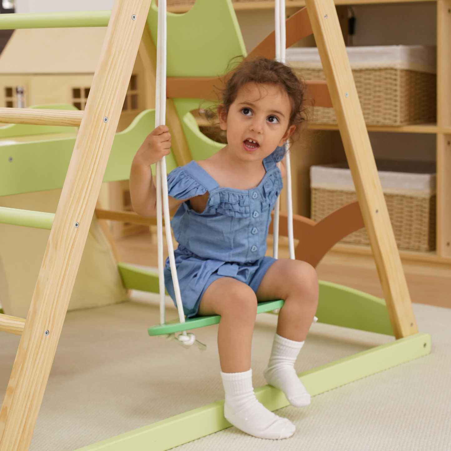 Avenlur Bush 6-in-1 Wooden Jungle Gym Climber – Montessori Indoor Playset with Slide, Rock Wall, Rope Ladder, Swing, and Monkey Bars