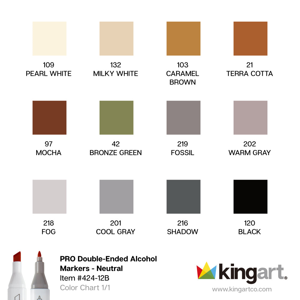 KINGART® Double-Ended Alcohol Markers - 12 Neutral Colors