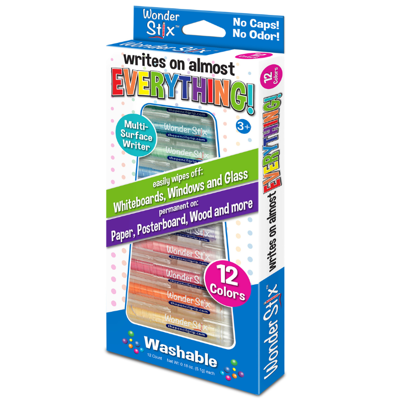 The Pencil Grip Inc. Wonder Stix – Set of 12 Washable Crayons That Write on Almost Anything