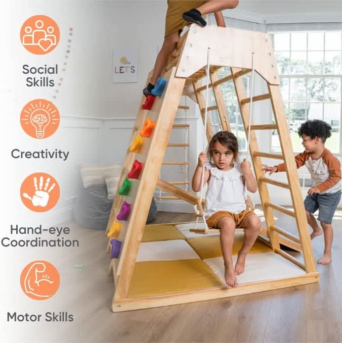 Avenlur Magnolia 7-in-1 Indoor Wooden Playset | Montessori Climbing Gym for Kids | Slide, Monkey Bars, Rope Ladder, Swing & More