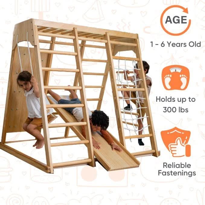 Avenlur Magnolia 7-in-1 Indoor Wooden Playset | Montessori Climbing Gym for Kids | Slide, Monkey Bars, Rope Ladder, Swing & More