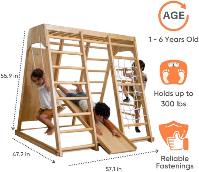 Avenlur Magnolia 7-in-1 Indoor Wooden Playset | Montessori Climbing Gym for Kids | Slide, Monkey Bars, Rope Ladder, Swing & More