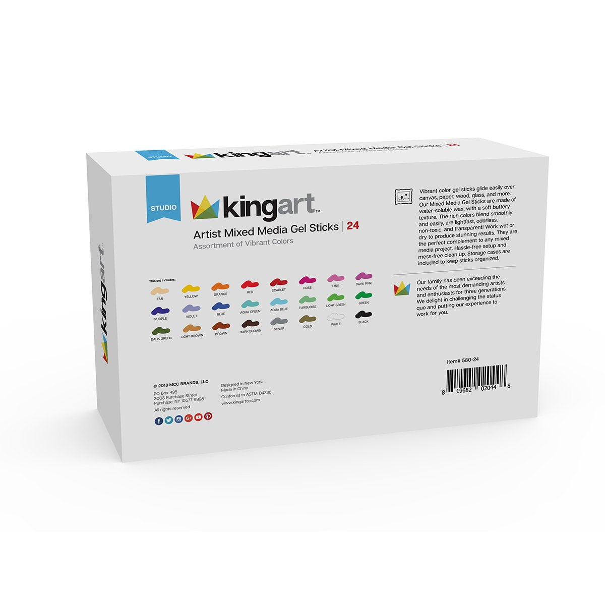 KINGART® Mixed Media Gel Stick Crayons – Set of 24 Colors