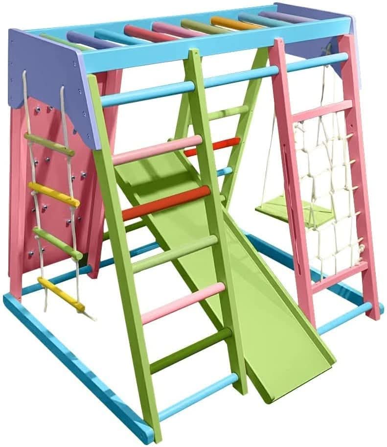 Avenlur Magnolia 7-in-1 Indoor Wooden Playset | Montessori Climbing Gym for Kids | Slide, Monkey Bars, Rope Ladder, Swing & More