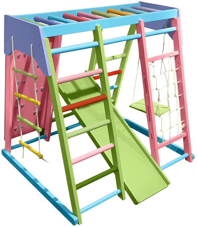 Avenlur Magnolia 7-in-1 Indoor Wooden Playset | Montessori Climbing Gym for Kids | Slide, Monkey Bars, Rope Ladder, Swing & More