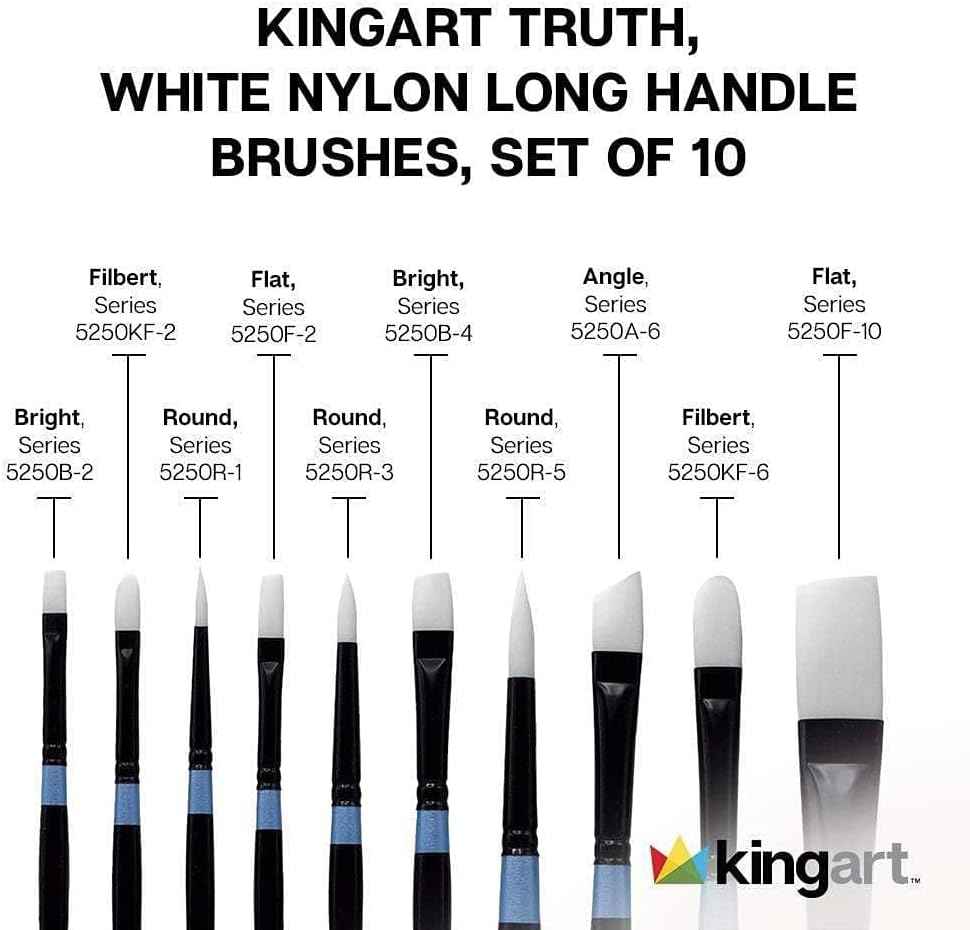 KINGART® White Nylon Long Handle Oil & Acrylic Brushes 10 pc