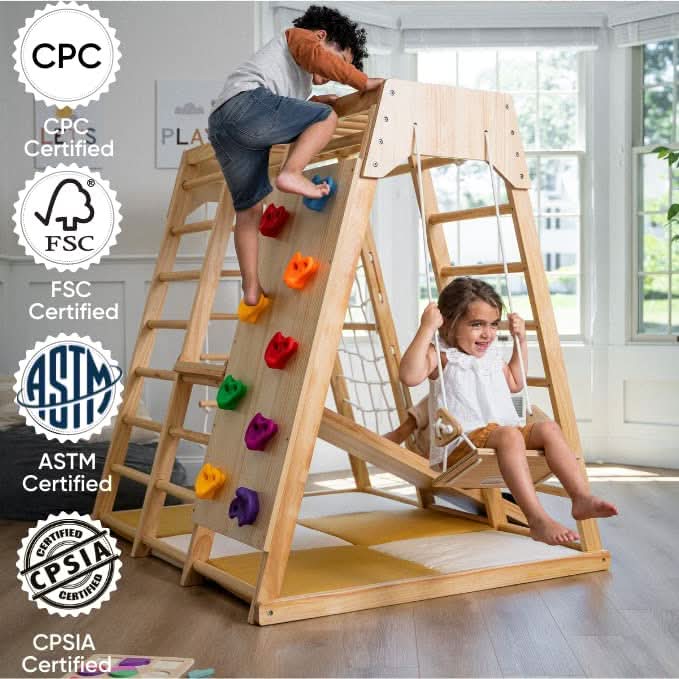 Avenlur Magnolia 7-in-1 Indoor Wooden Playset | Montessori Climbing Gym for Kids | Slide, Monkey Bars, Rope Ladder, Swing & More