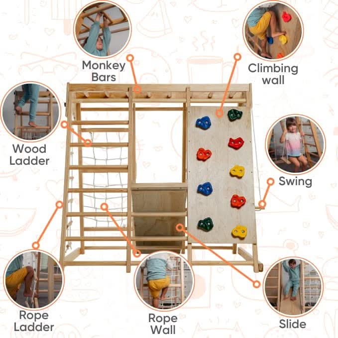 Avenlur Magnolia 7-in-1 Indoor Wooden Playset | Montessori Climbing Gym for Kids | Slide, Monkey Bars, Rope Ladder, Swing & More