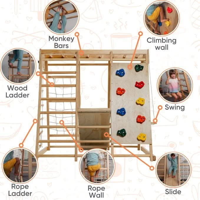 Avenlur Magnolia 7-in-1 Indoor Wooden Playset | Montessori Climbing Gym for Kids | Slide, Monkey Bars, Rope Ladder, Swing & More