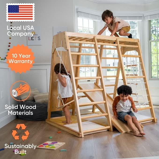 Avenlur Magnolia 7-in-1 Indoor Wooden Playset | Montessori Climbing Gym for Kids | Slide, Monkey Bars, Rope Ladder, Swing & More