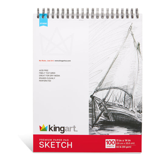 KINGART® Sketch Paper Pad, 11" x 14", 100 Sheets (200 Pages), 60lb/90gsm, Spiral-Bound