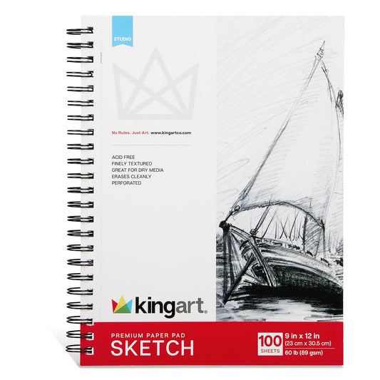 KINGART® Spiral-Bound Sketch Pad, 9” x 12”, 100 Sheets, Acid-Free Paper