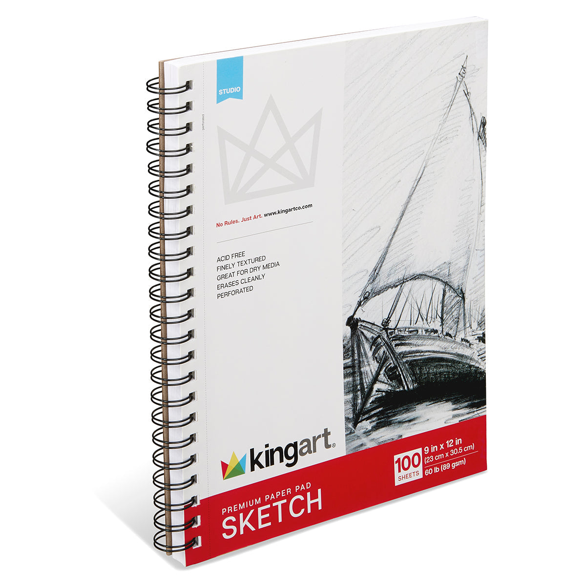 KINGART® Spiral-Bound Sketch Pad, 9” x 12”, 100 Sheets, Acid-Free Paper