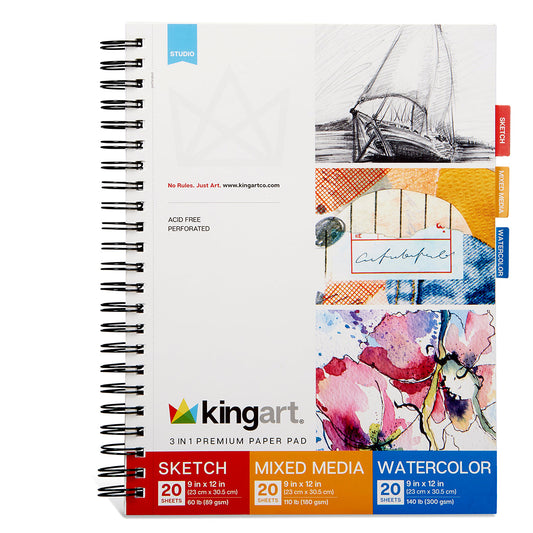 KINGART® 3-in-1 Paper Pad – Sketch, Mixed Media & Watercolor Paper, 9” x 12”, 60 Sheets, Acid-Free, Perforated