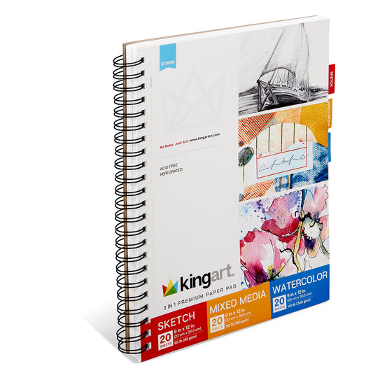 KINGART® 3-in-1 Paper Pad – Sketch, Mixed Media & Watercolor Paper, 9” x 12”, 60 Sheets, Acid-Free, Perforated
