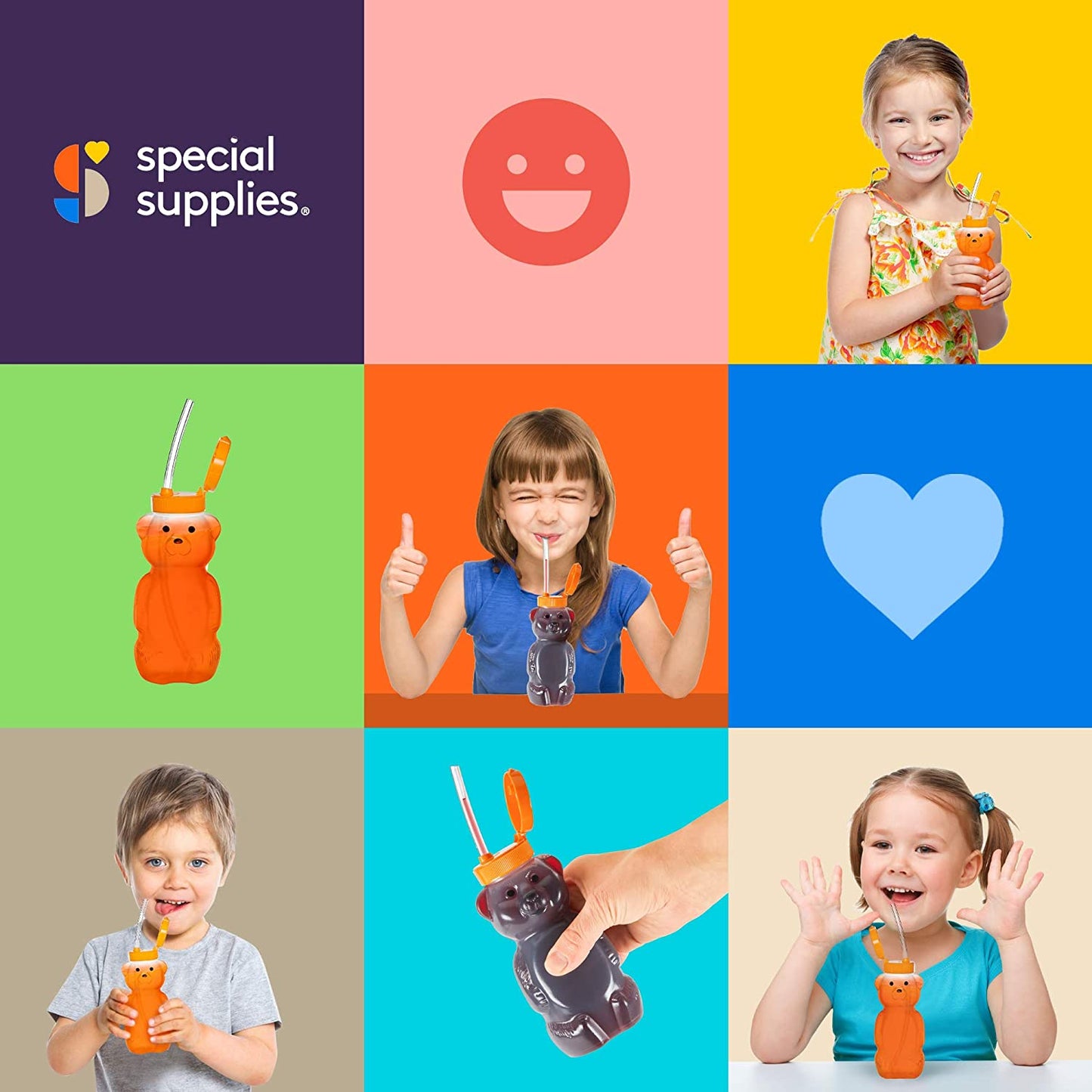 Juice Bear Squeezable Drink Cup With Long Straw – Assistive Straw Bottles for Kids & Adults with Special Needs