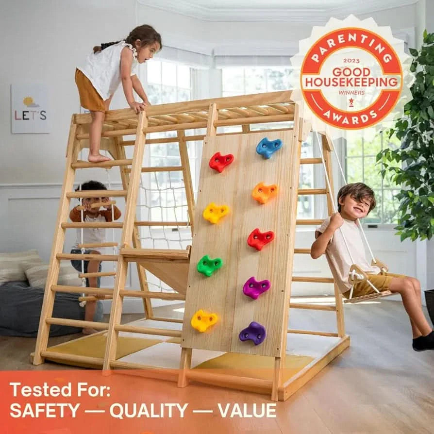 Avenlur Magnolia 7-in-1 Indoor Wooden Playset | Montessori Climbing Gym for Kids | Slide, Monkey Bars, Rope Ladder, Swing & More