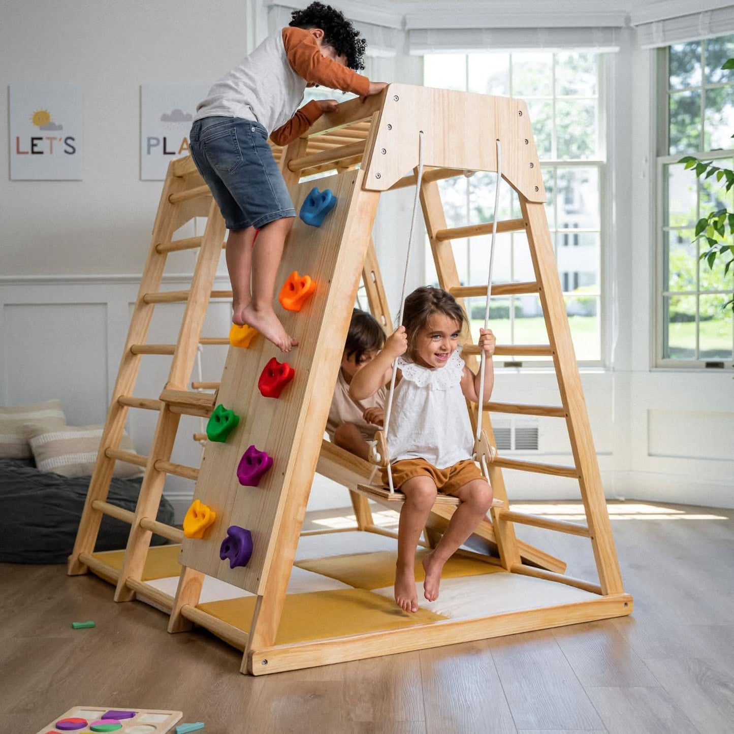 Avenlur Magnolia 7-in-1 Indoor Wooden Playset | Montessori Climbing Gym for Kids | Slide, Monkey Bars, Rope Ladder, Swing & More