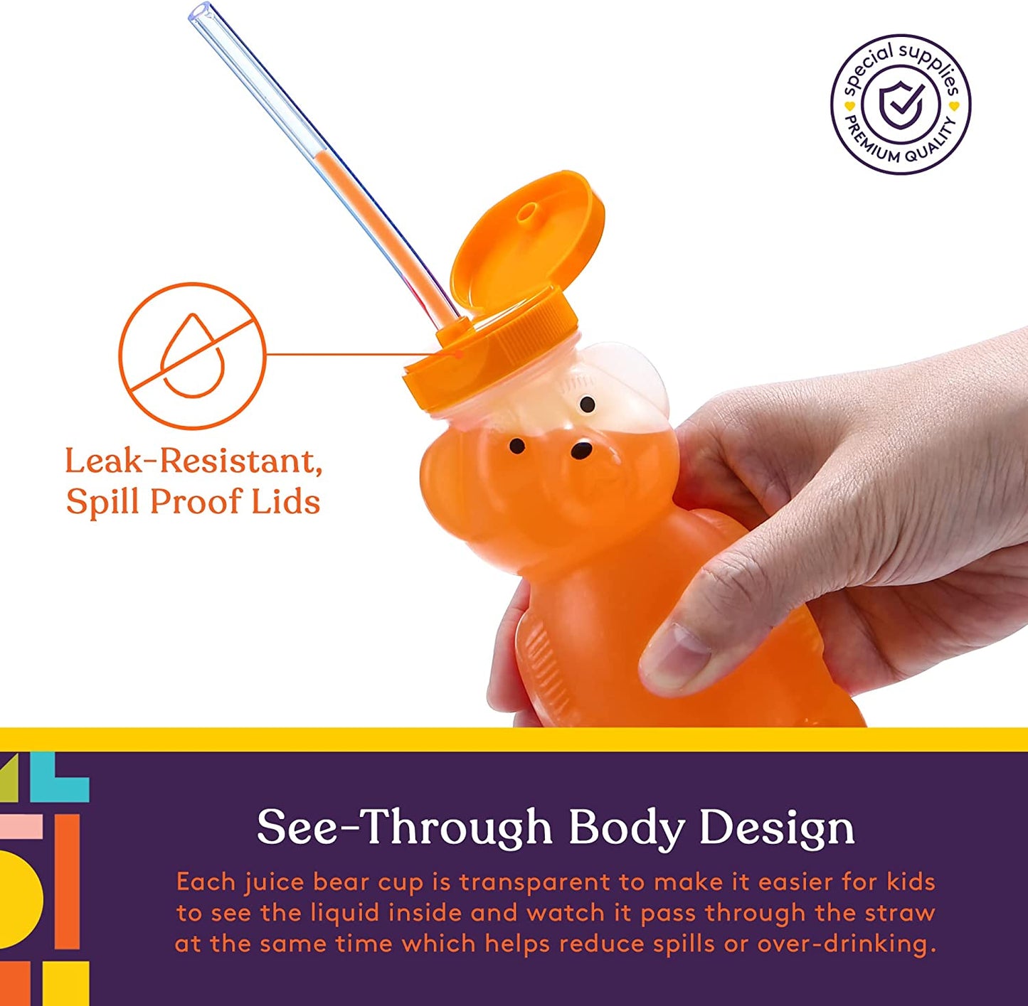 Juice Bear Squeezable Drink Cup With Long Straw – Assistive Straw Bottles for Kids & Adults with Special Needs