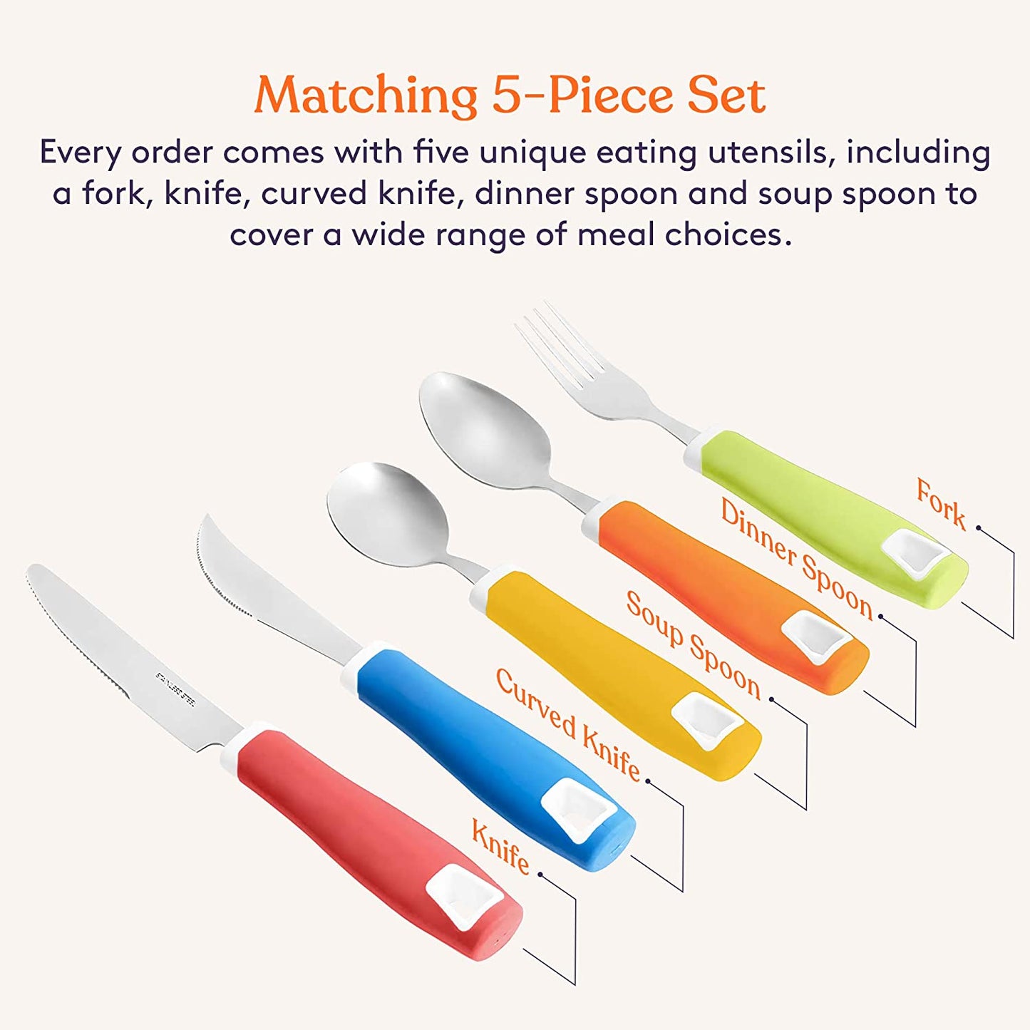 Special Supplies Adaptive Utensils Set (5-Piece) – Non-Slip Wide Grip Silverware for Tremors, Arthritis, Parkinson’s, and Low Hand Strength - Rainbow Colors