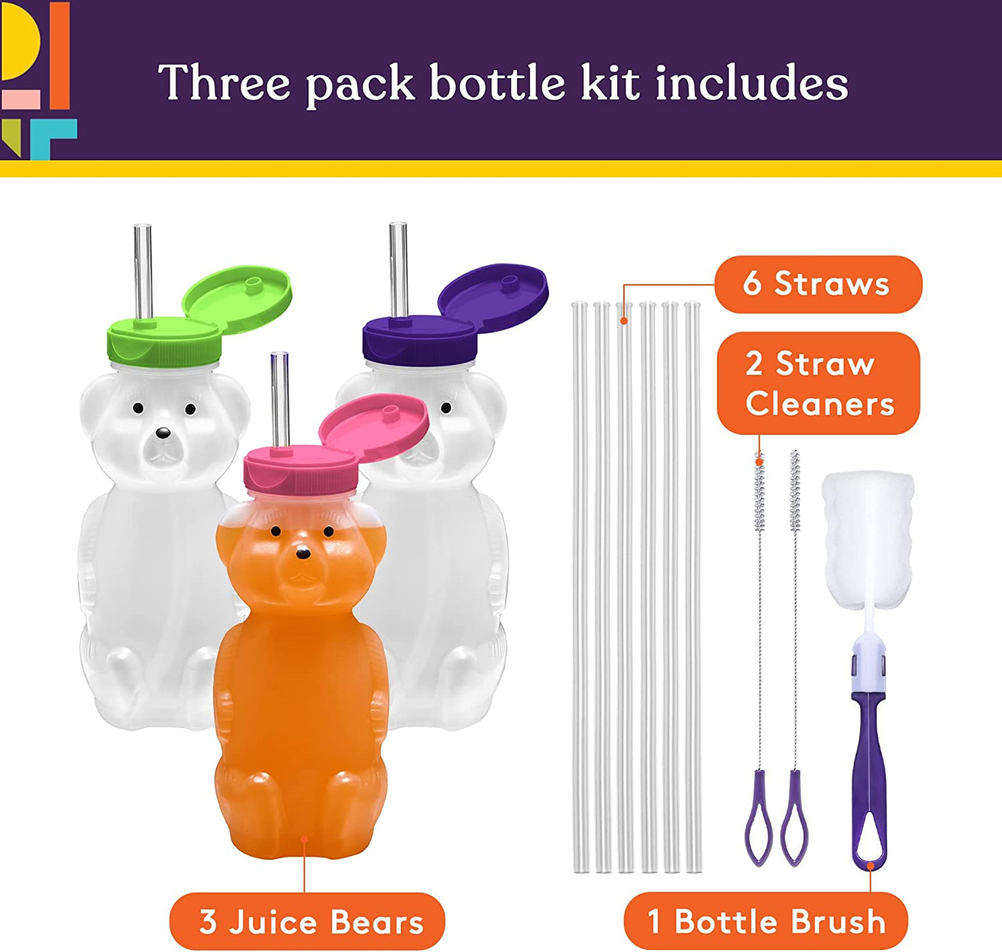 Juice Bear Squeezable Drink Cups (3-Pack) – Assistive Straw Bottles for Kids & Adults with Special Needs