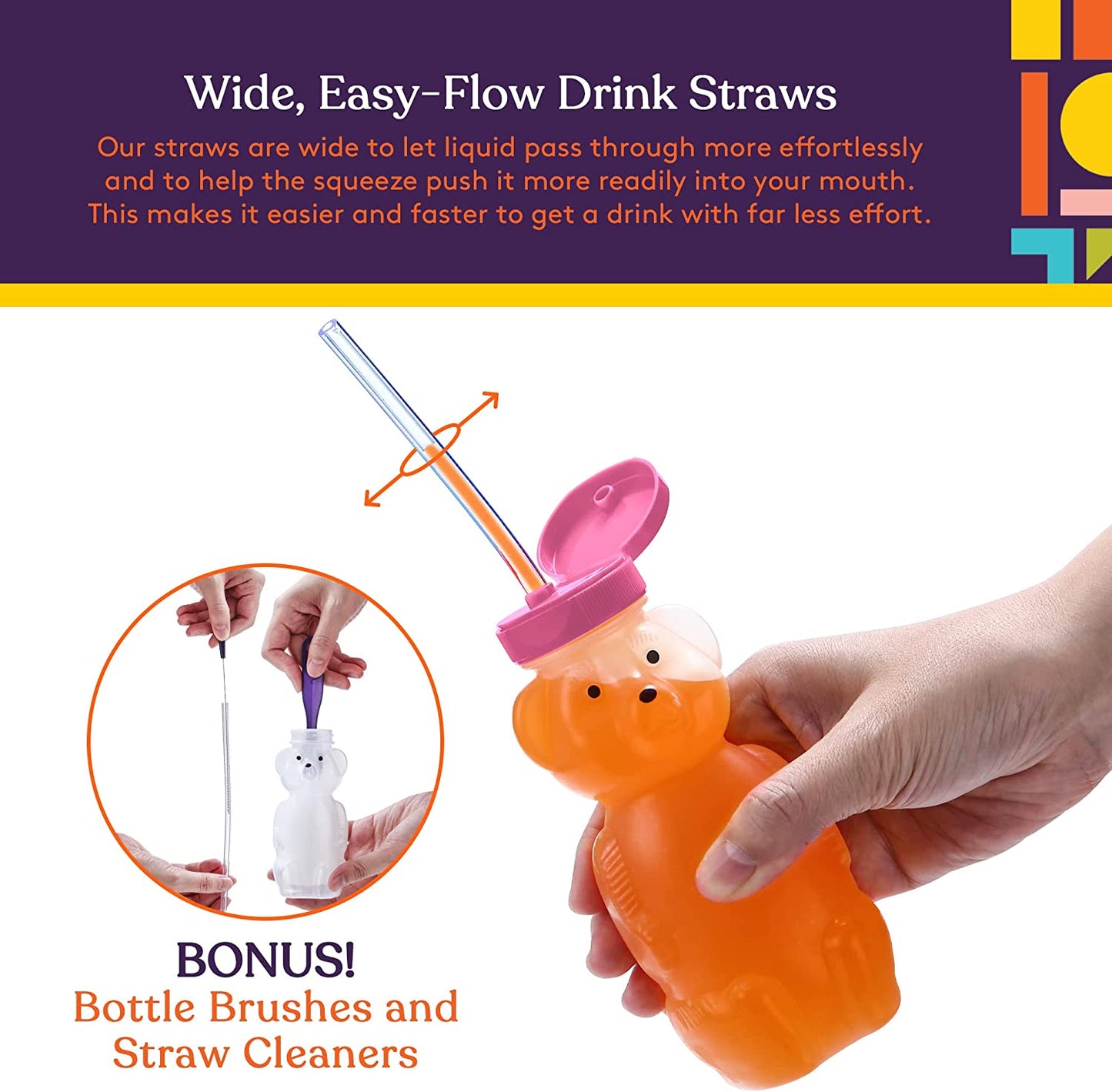Juice Bear Squeezable Drink Cups (3-Pack) – Assistive Straw Bottles for Kids & Adults with Special Needs